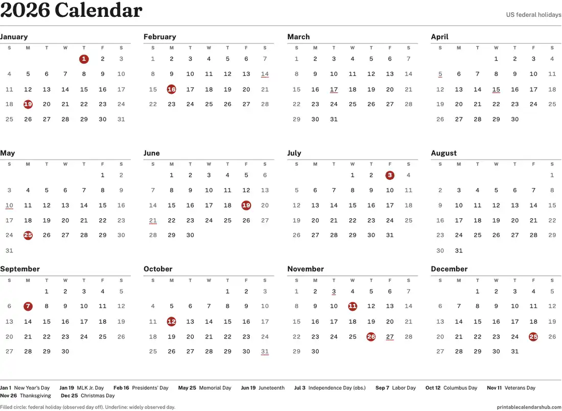 2026 yearly calendar on one page with US federal holidays