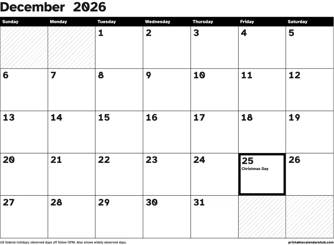 December 2026 calendar, printable with US holidays, Large print, high contrast design, landscape