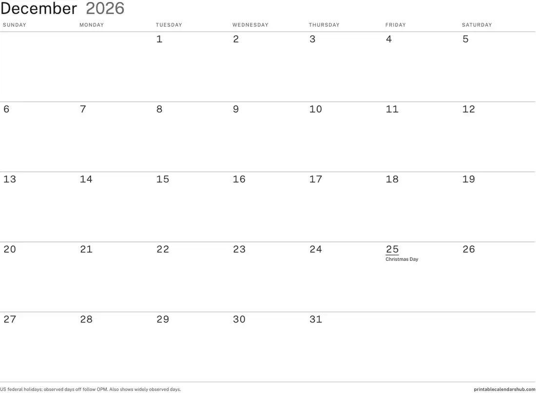 December 2026 calendar, printable with US holidays, Minimal ink-saver design, landscape