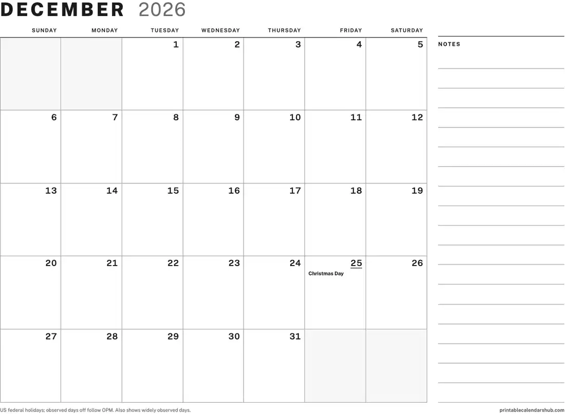 December 2026 calendar, printable with US holidays, Large boxes with notes design, landscape