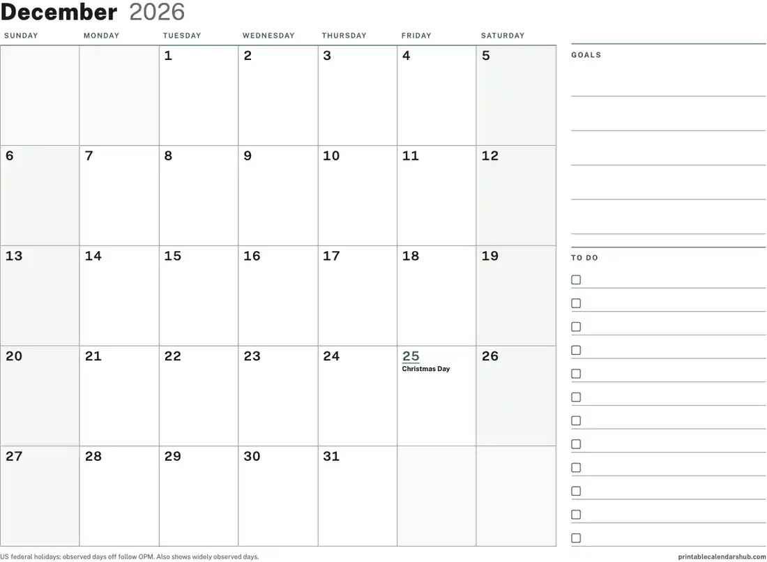 December 2026 calendar, printable with US holidays, Planner with to-do column design, landscape