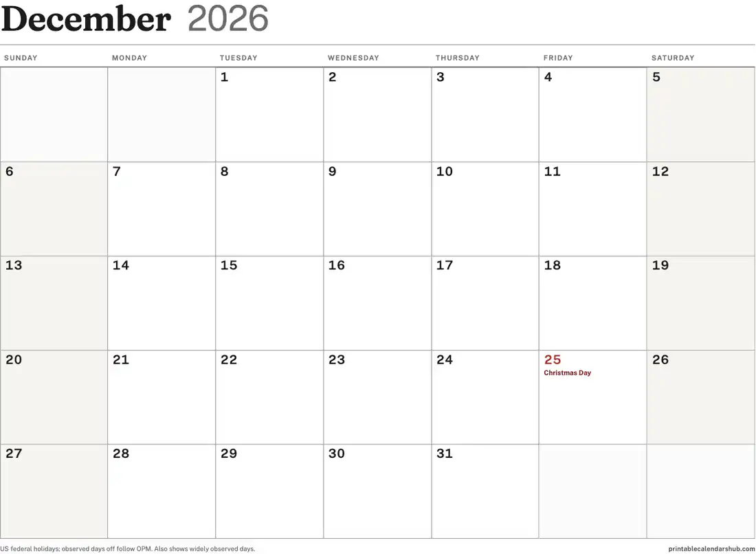 December 2026 calendar, printable with US holidays, Classic grid design, landscape