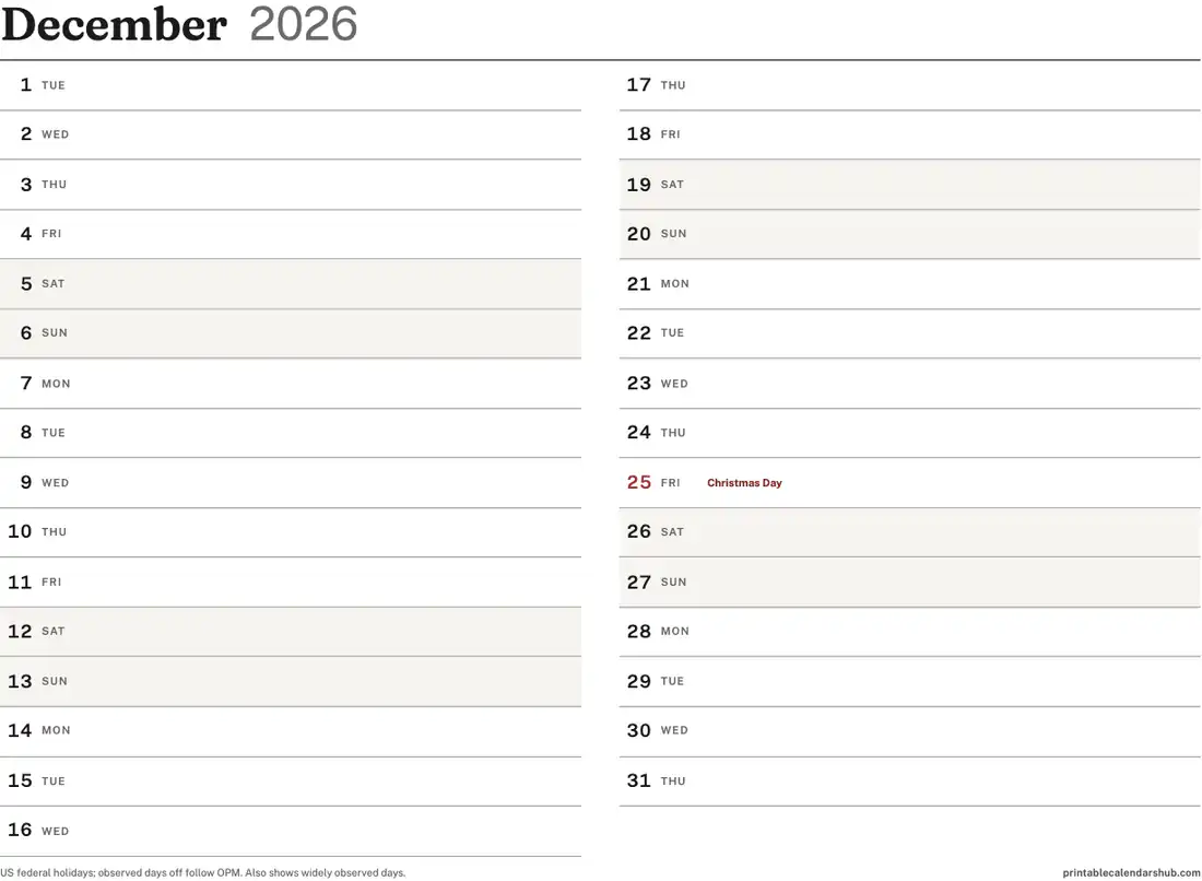 December 2026 calendar, printable with US holidays, Vertical list design, landscape