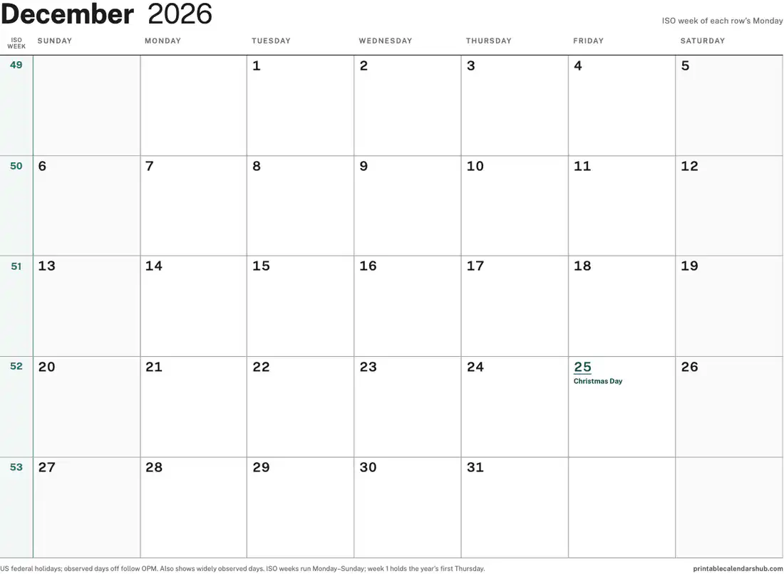 December 2026 calendar, printable with US holidays, ISO week numbers design, landscape