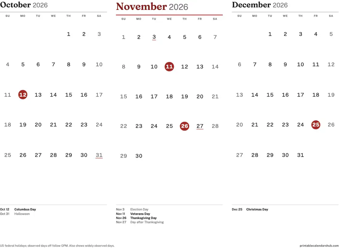November 2026 calendar, printable with US holidays, 3-month view design, landscape