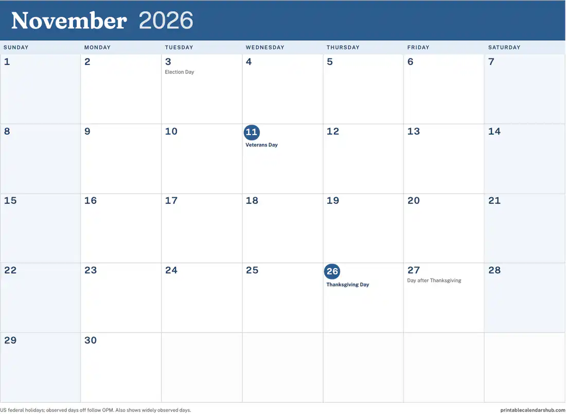 November 2026 calendar, printable with US holidays, Color accent design, landscape