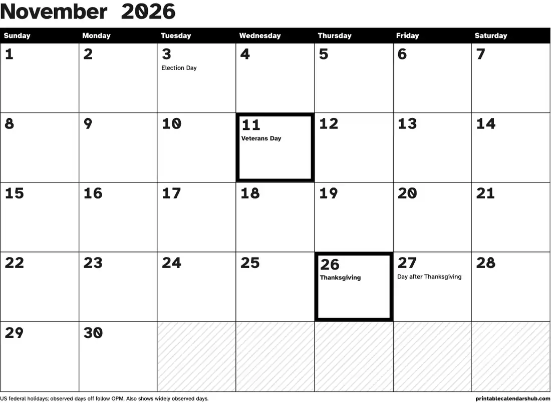 November 2026 calendar, printable with US holidays, Large print, high contrast design, landscape