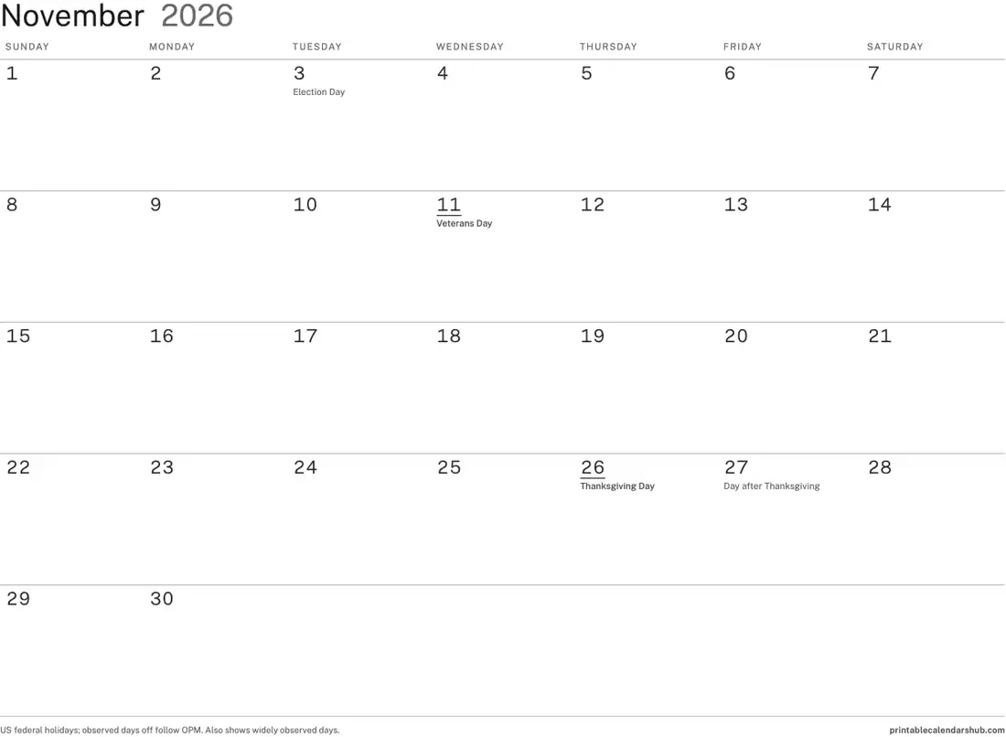 November 2026 calendar, printable with US holidays, Minimal ink-saver design, landscape