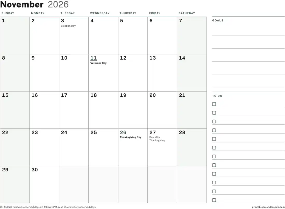 November 2026 calendar, printable with US holidays, Planner with to-do column design, landscape