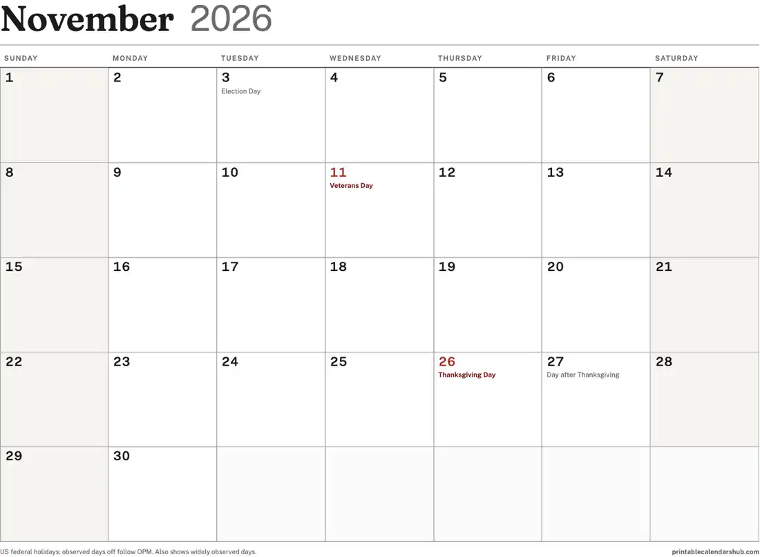 November 2026 printable calendar with US holidays, landscape