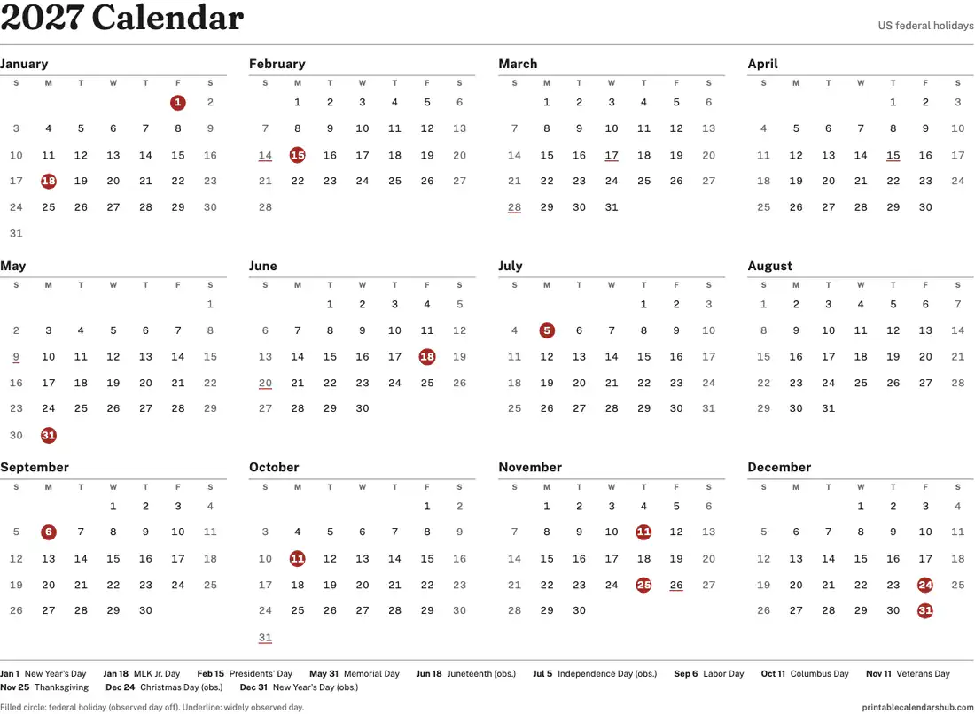 2027 printable calendar on one page with US holidays