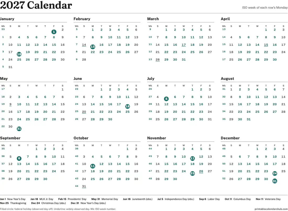 2027 calendar with ISO week numbers on one page, landscape