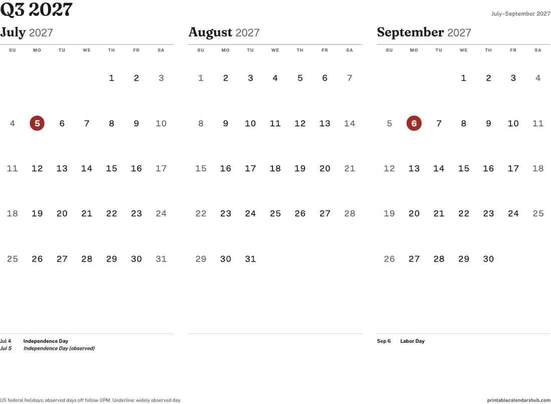 Q3 2027 quarterly calendar, July to September, printable with US holidays