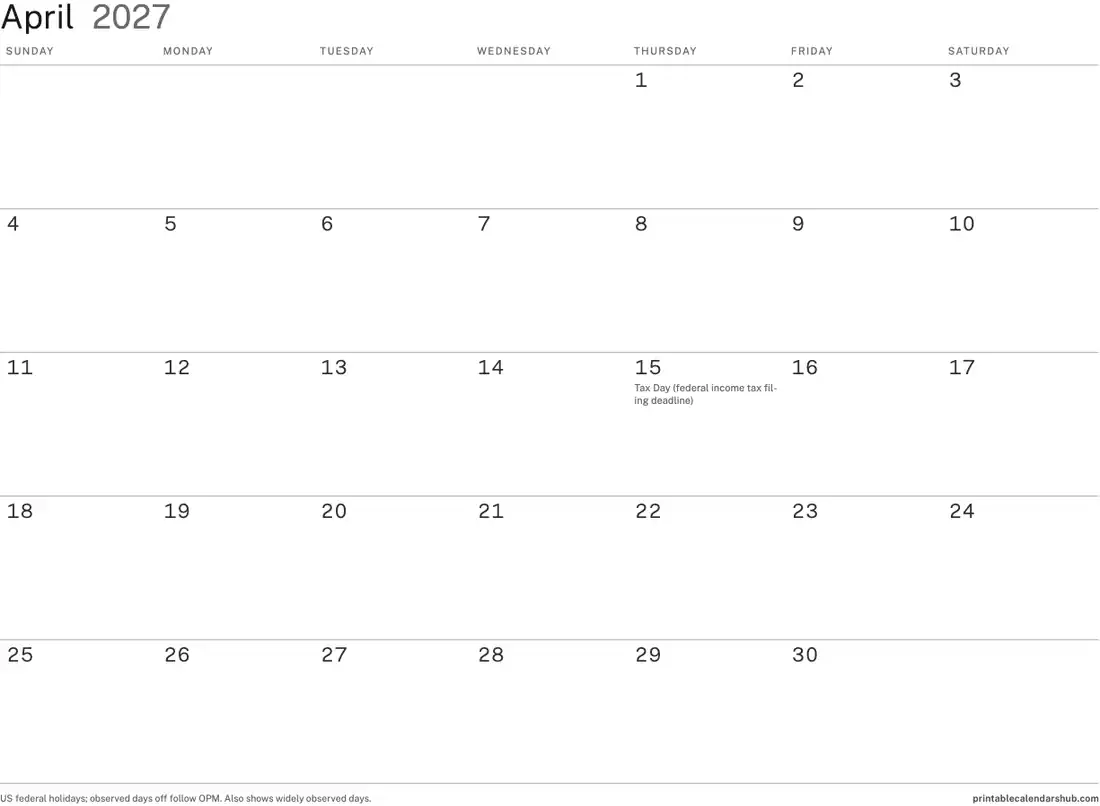 April 2027 calendar, printable with US holidays, Minimal ink-saver design, landscape