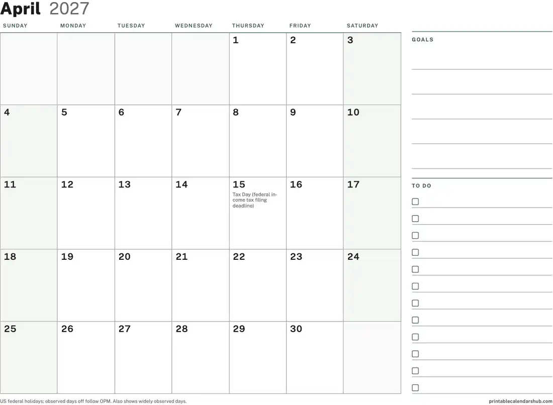 April 2027 calendar, printable with US holidays, Planner with to-do column design, landscape
