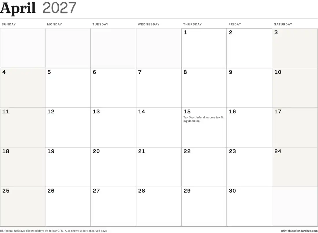 April 2027 calendar, printable with US holidays, landscape