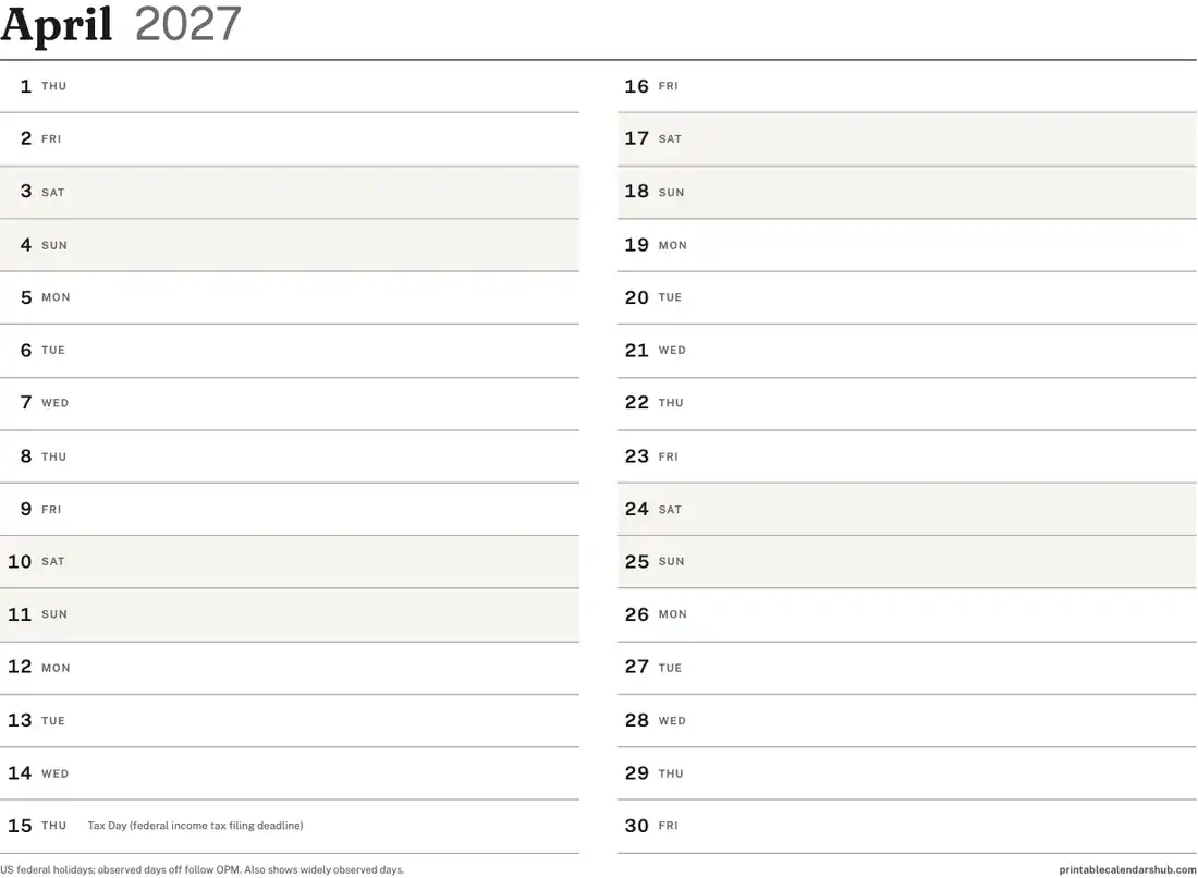 April 2027 calendar, printable with US holidays, Vertical list design, landscape