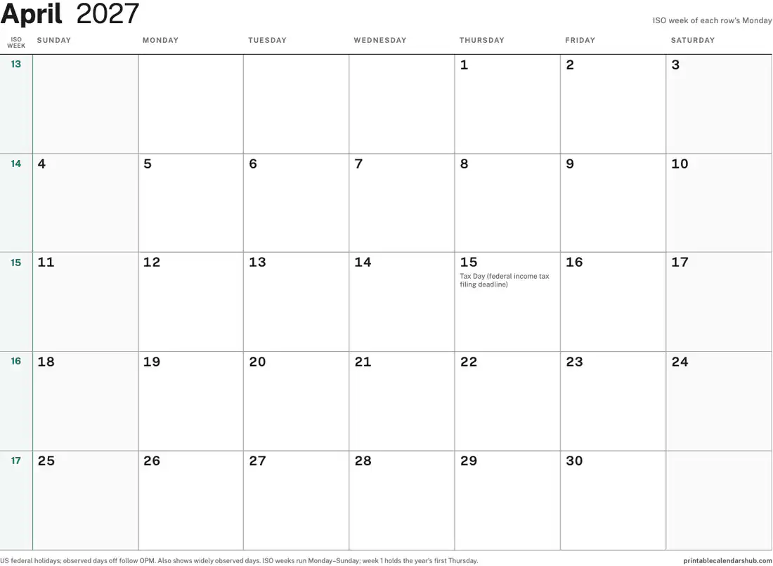 April 2027 calendar, printable with US holidays, ISO week numbers design, landscape