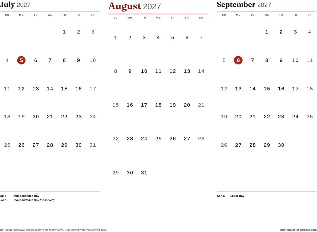 August 2027 calendar, printable with US holidays, 3-month view design, landscape