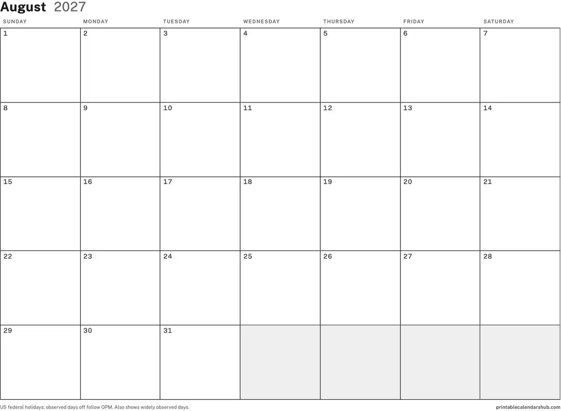 August 2027 calendar, printable with US holidays, Blank design, landscape