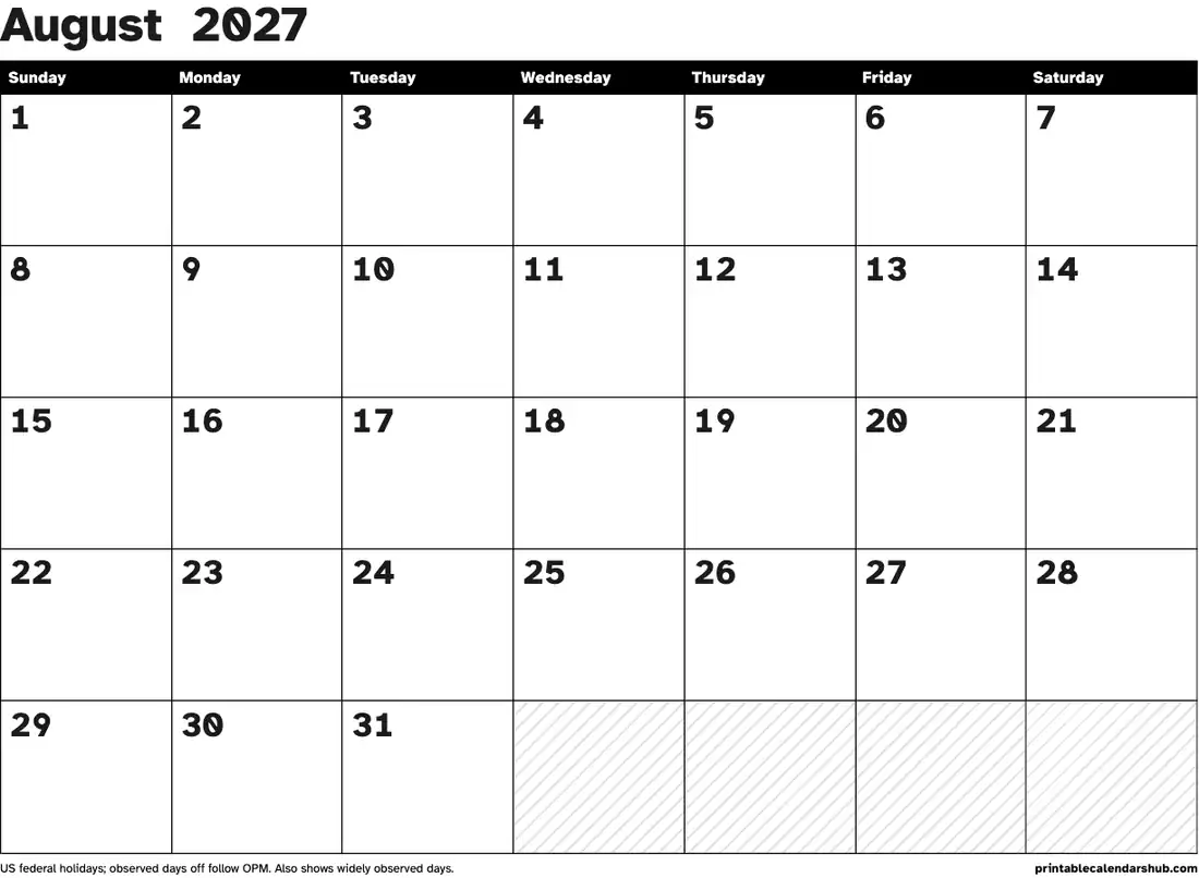 August 2027 calendar, printable with US holidays, Large print, high contrast design, landscape