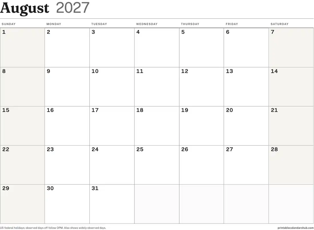 August 2027 calendar, printable with US holidays, landscape