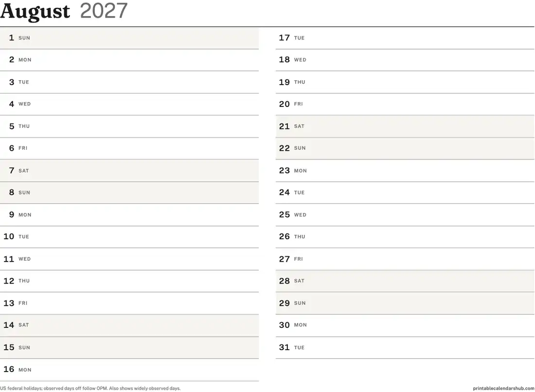 August 2027 calendar, printable with US holidays, Vertical list design, landscape