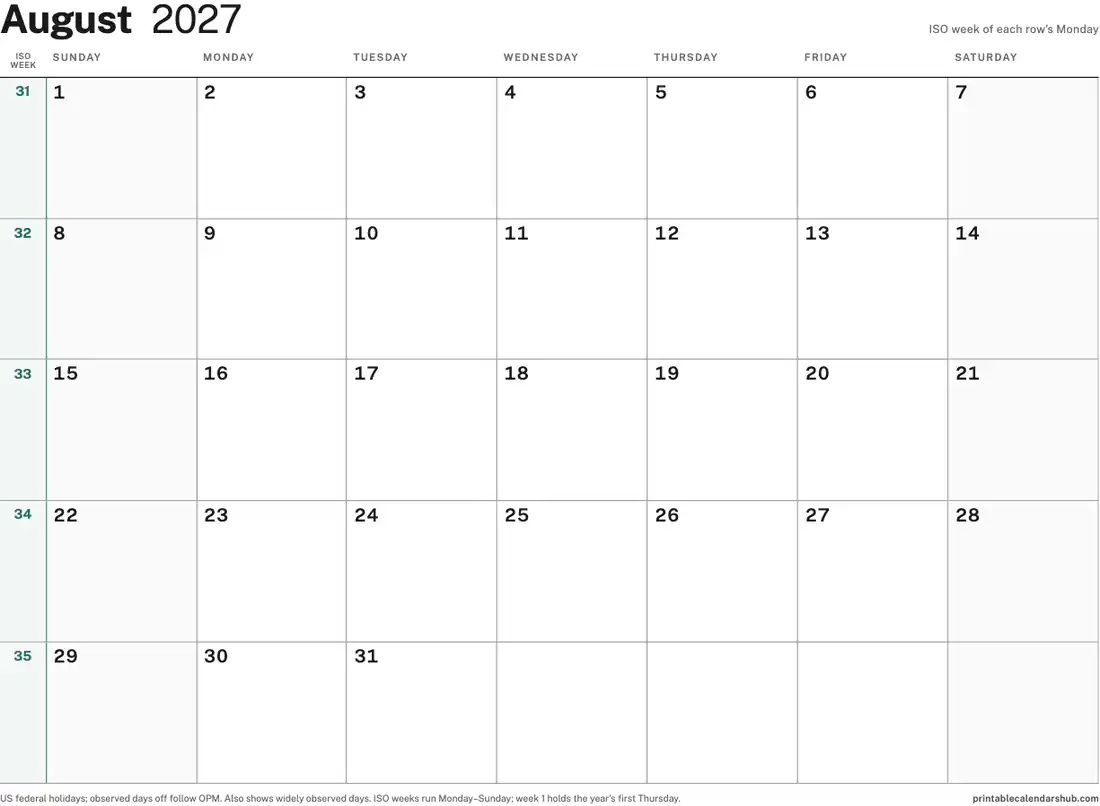 August 2027 calendar, printable with US holidays, ISO week numbers design, landscape