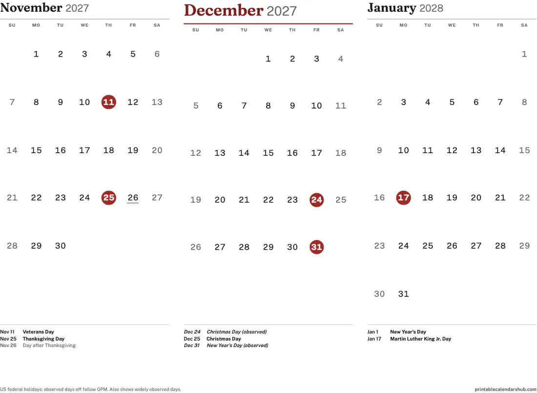 December 2027 calendar, printable with US holidays, 3-month view design, landscape