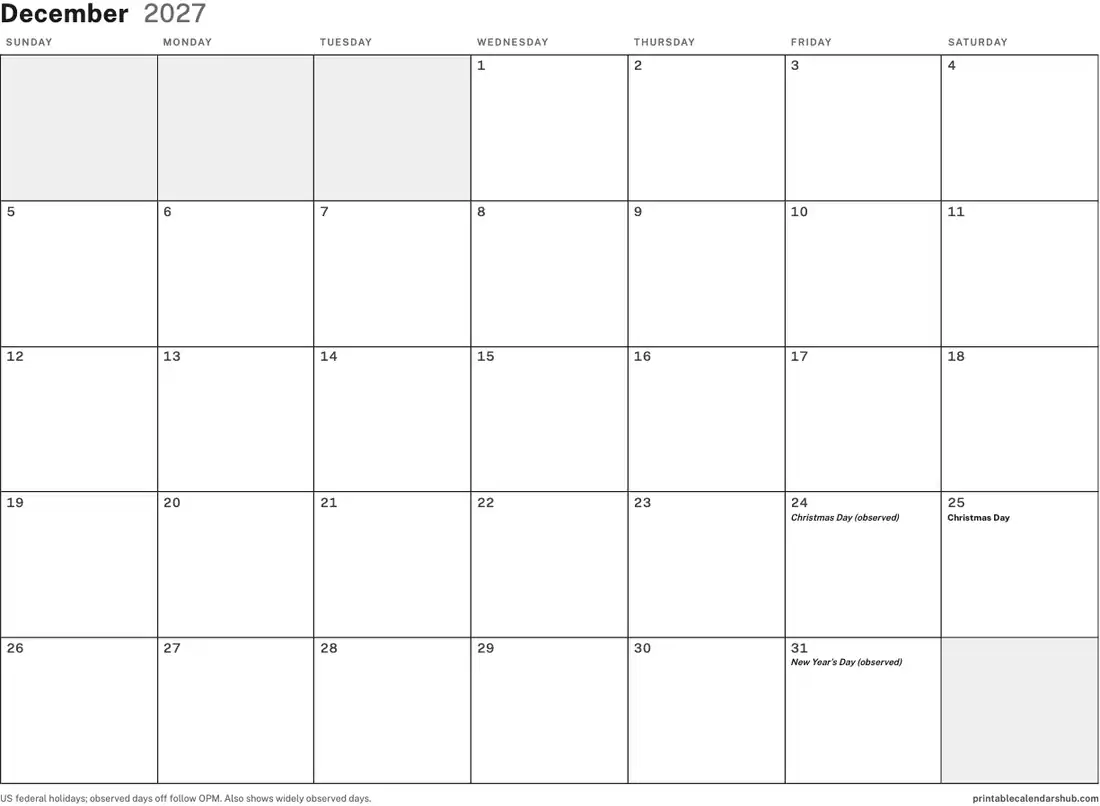 December 2027 calendar, printable with US holidays, Blank design, landscape