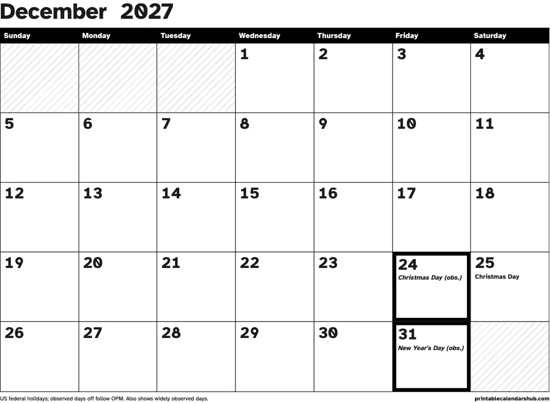 December 2027 calendar, printable with US holidays, Large print, high contrast design, landscape