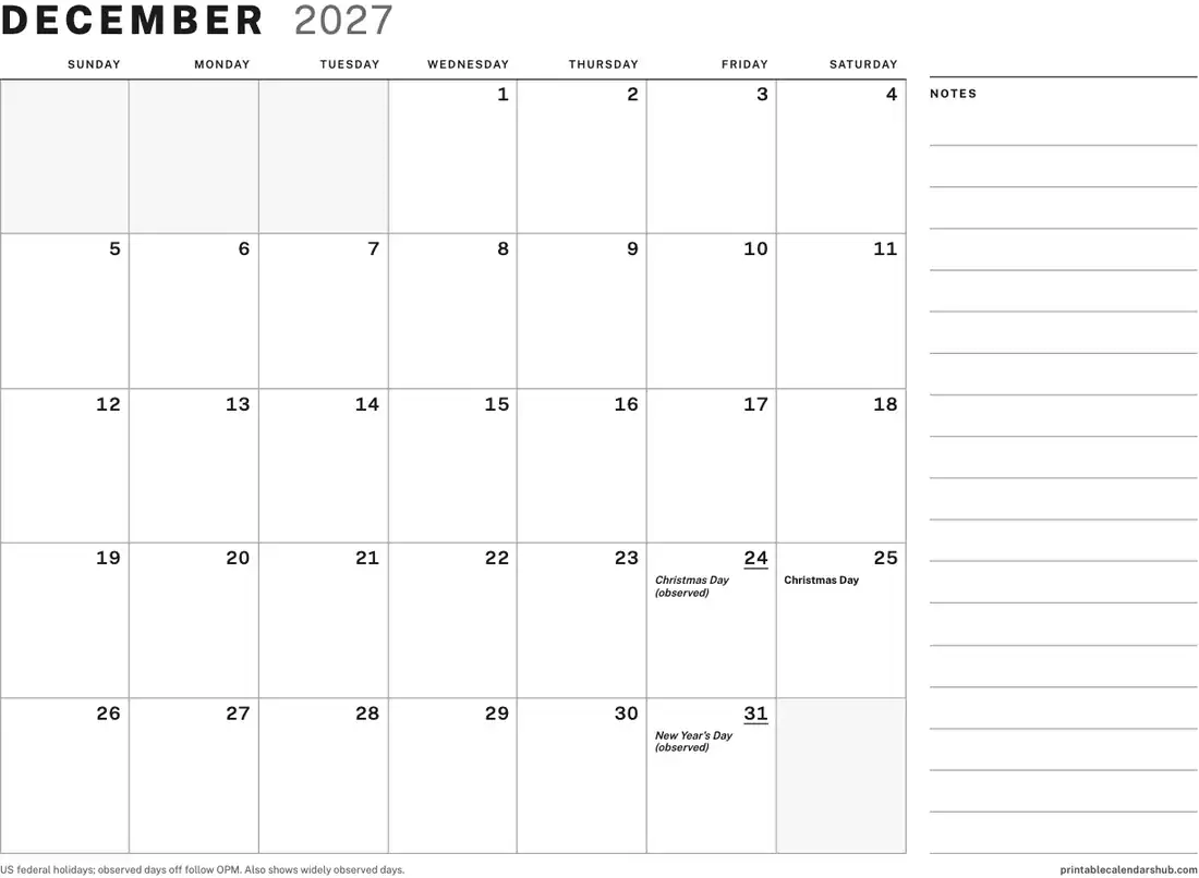 December 2027 calendar, printable with US holidays, Large boxes with notes design, landscape