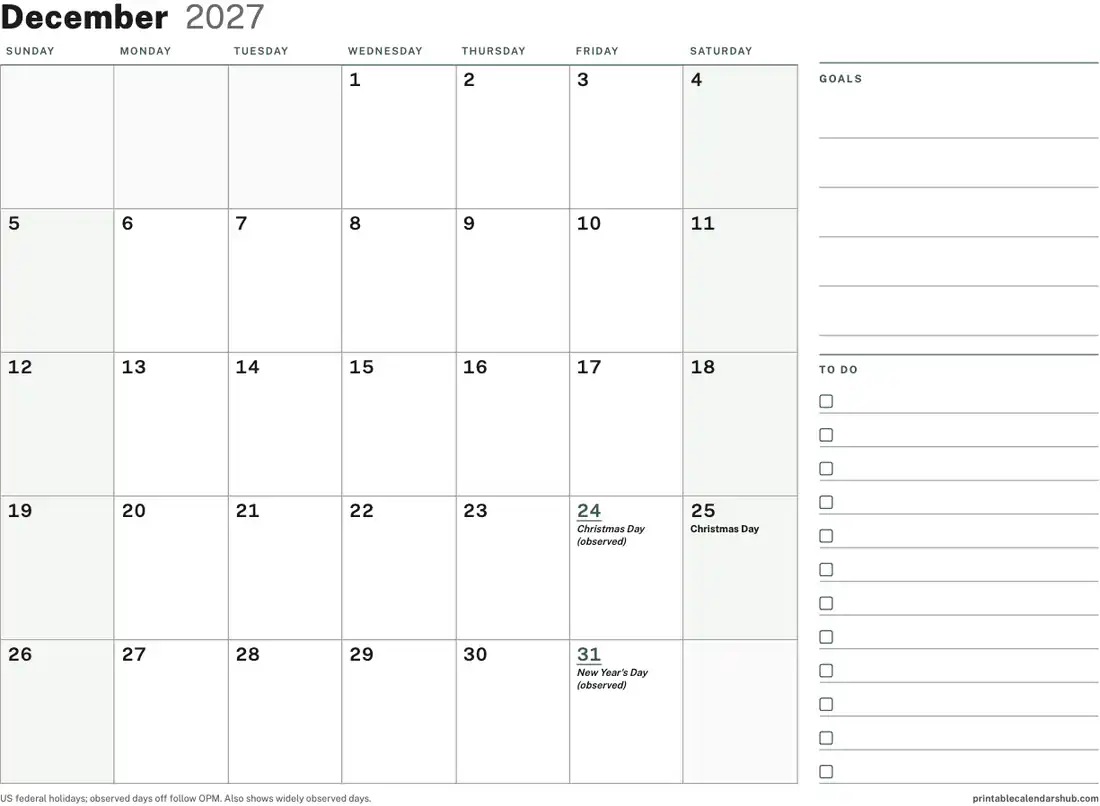 December 2027 calendar, printable with US holidays, Planner with to-do column design, landscape