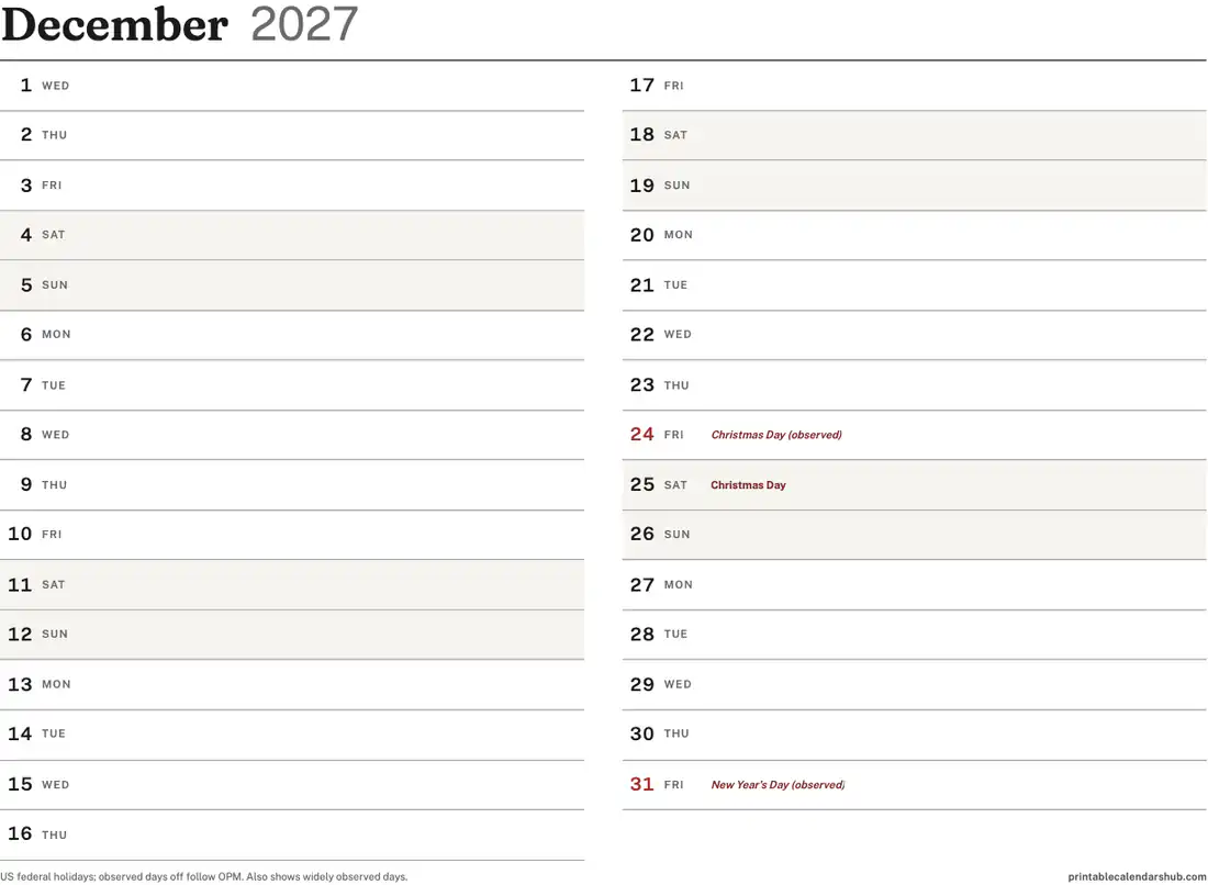December 2027 calendar, printable with US holidays, Vertical list design, landscape