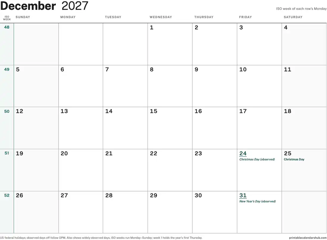 December 2027 calendar, printable with US holidays, ISO week numbers design, landscape