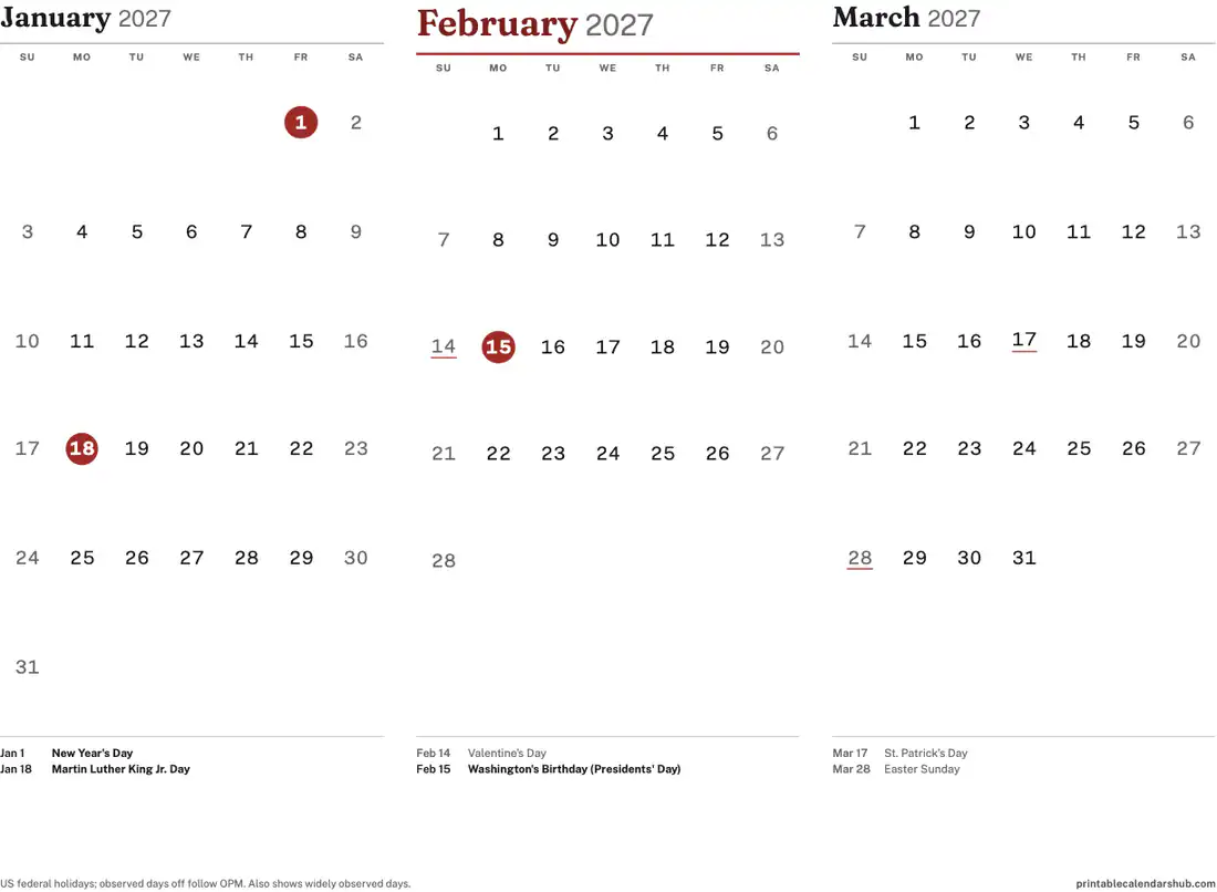 February 2027 calendar, printable with US holidays, 3-month view design, landscape