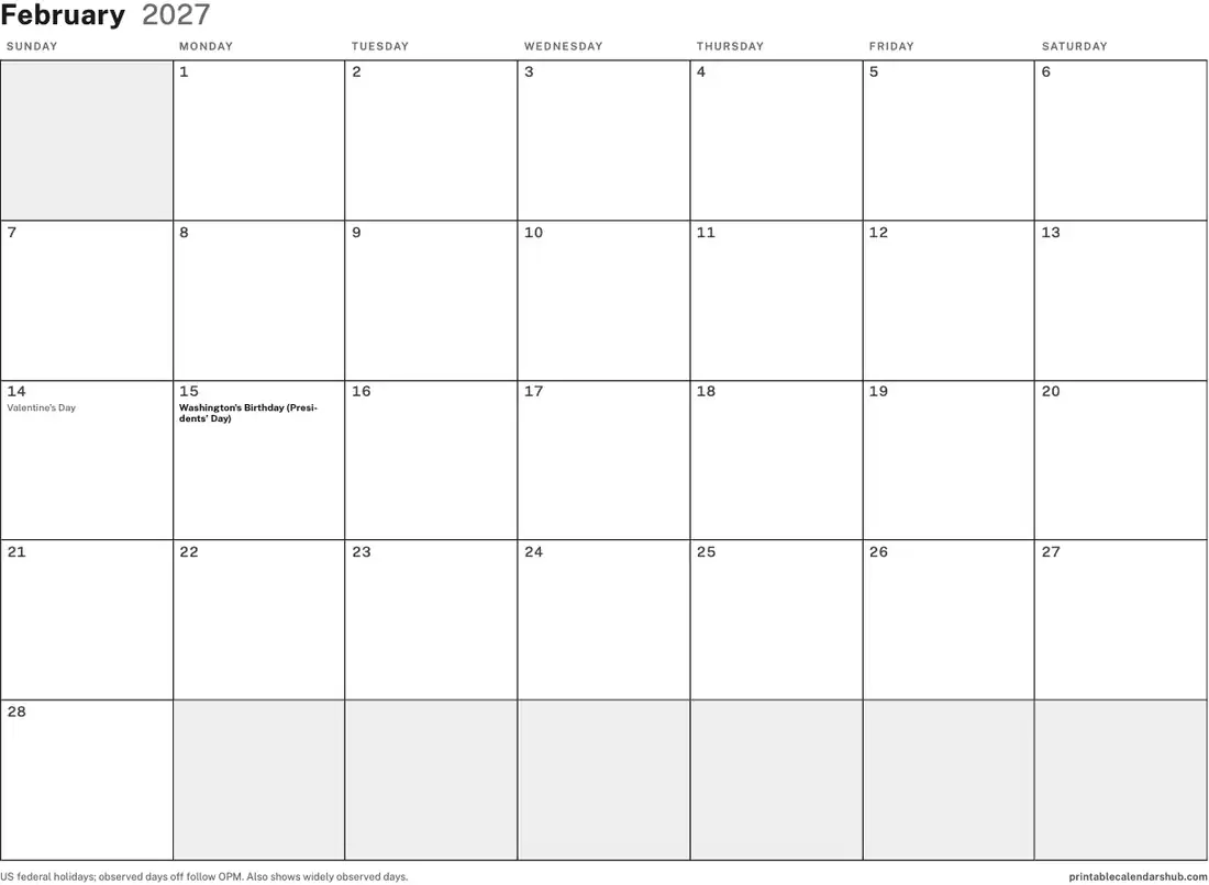 February 2027 calendar, printable with US holidays, Blank design, landscape