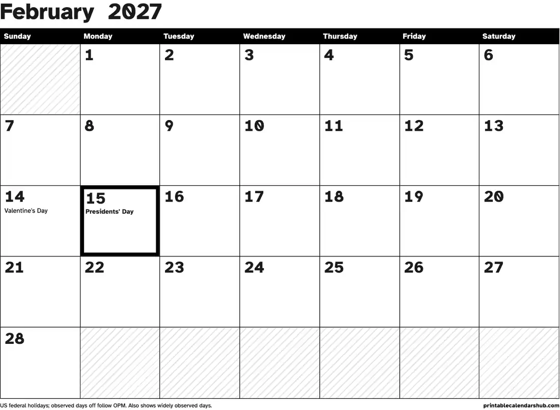 February 2027 calendar, printable with US holidays, Large print, high contrast design, landscape