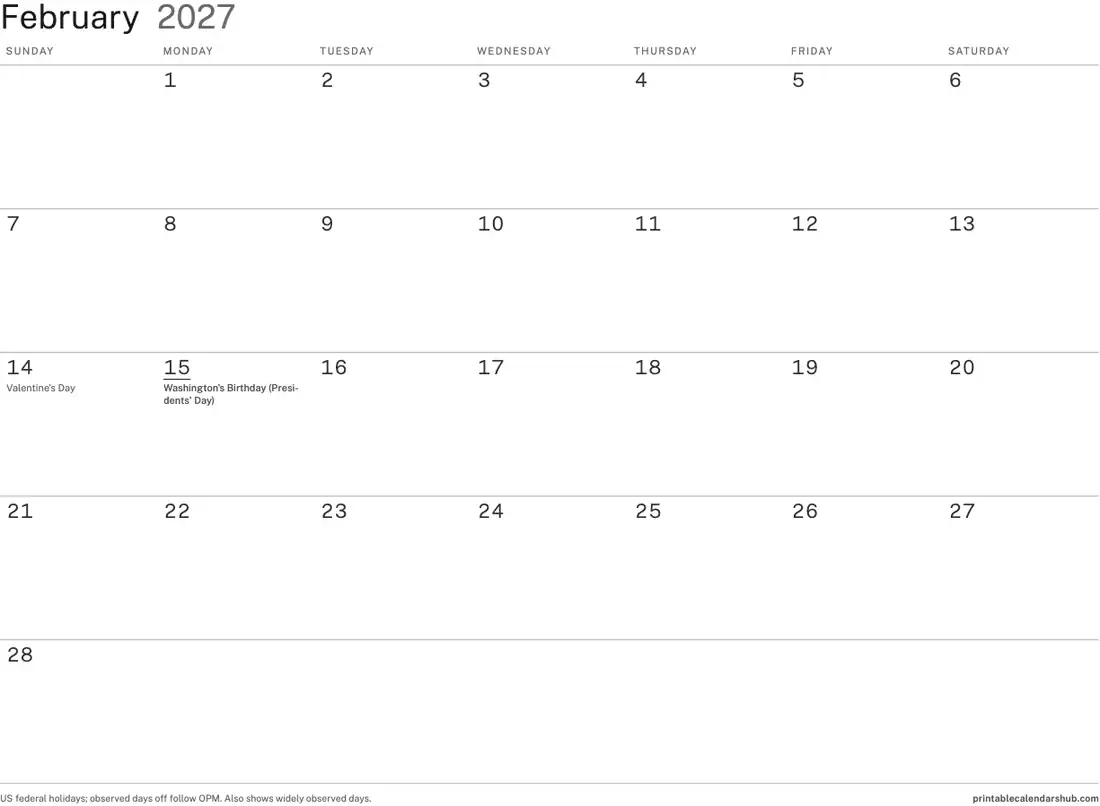 February 2027 calendar, printable with US holidays, Minimal ink-saver design, landscape