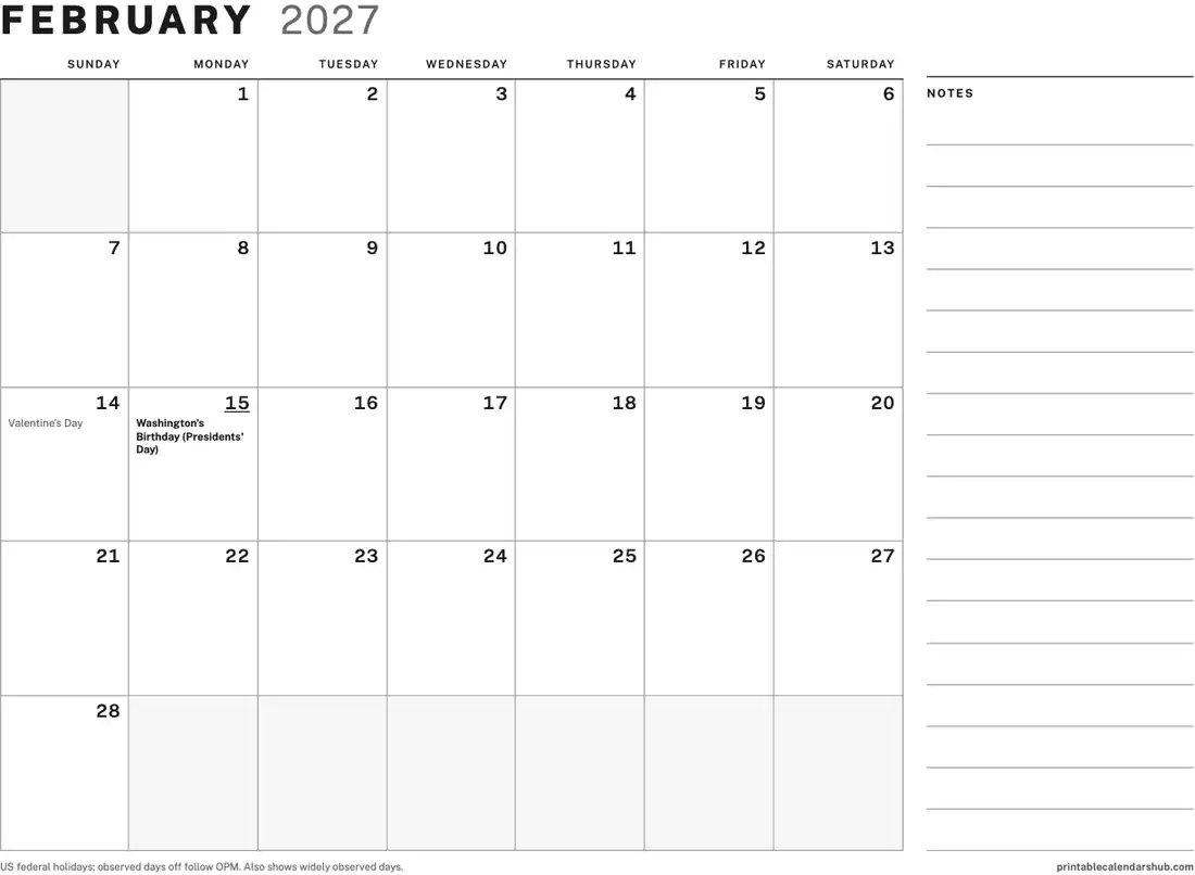 February 2027 calendar, printable with US holidays, Large boxes with notes design, landscape