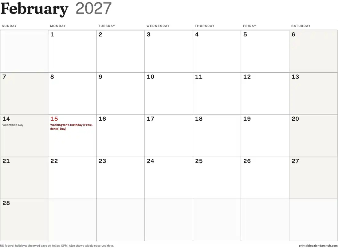February 2027 calendar, printable with US holidays, landscape