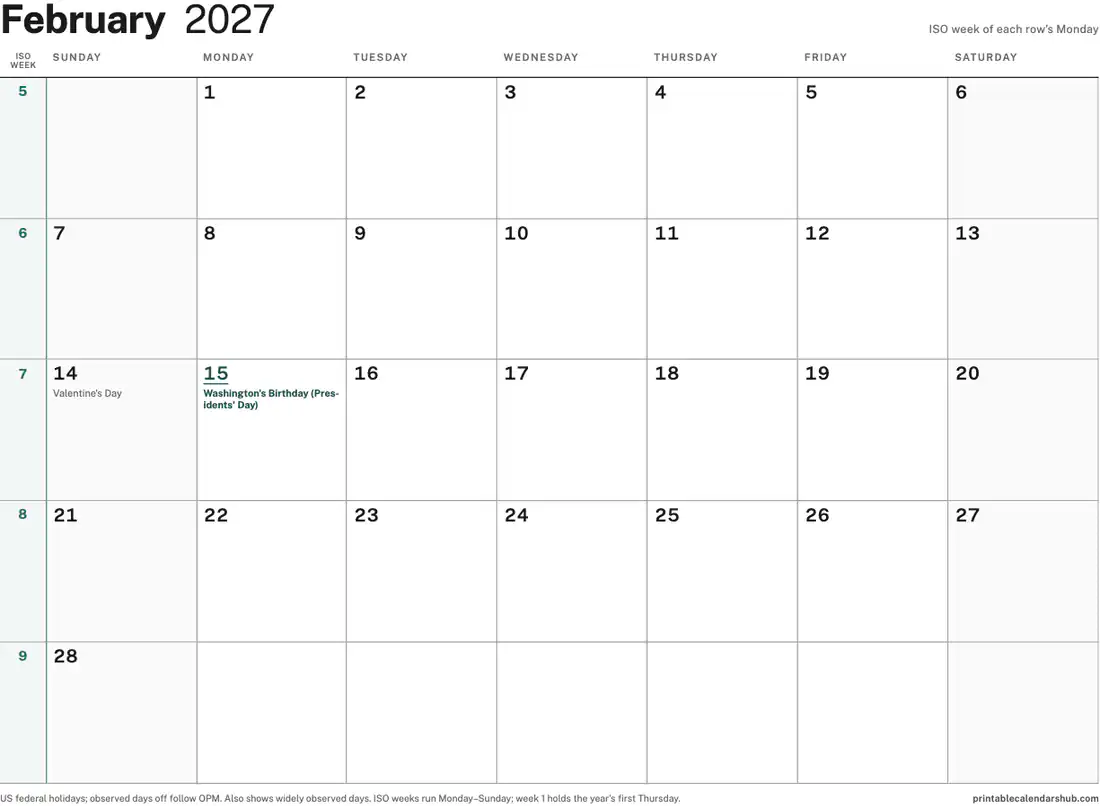 February 2027 calendar, printable with US holidays, ISO week numbers design, landscape