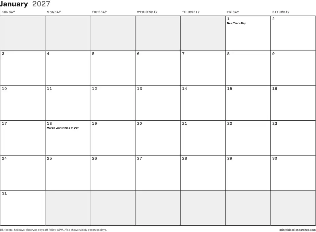 January 2027 calendar, printable with US holidays, Blank design, landscape