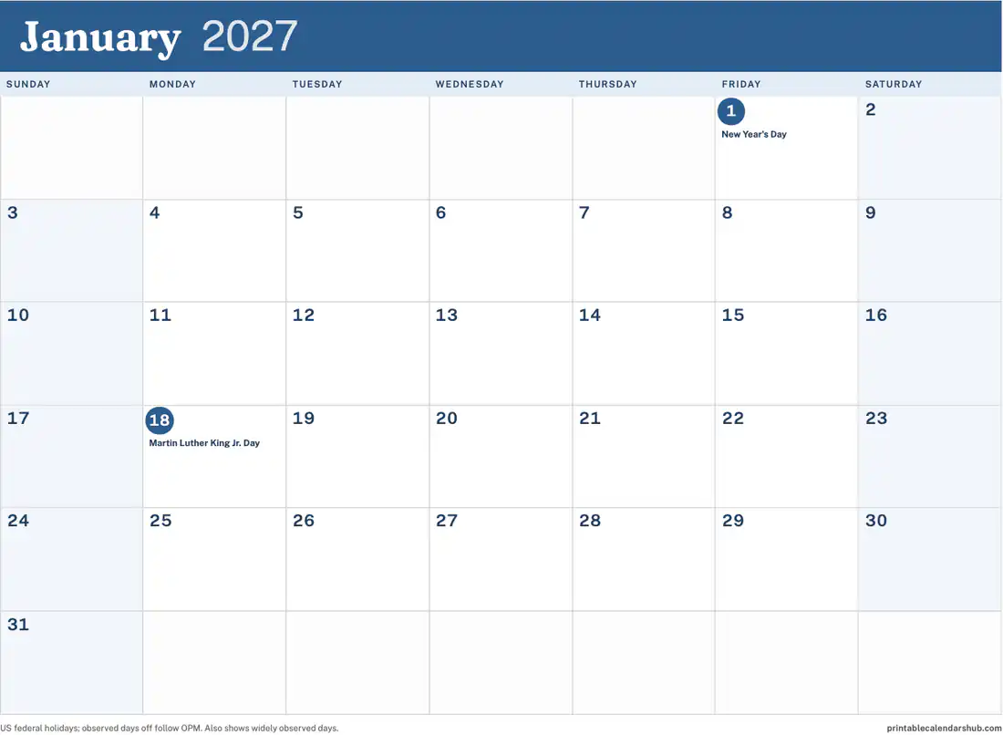 January 2027 calendar, printable with US holidays, Color accent design, landscape