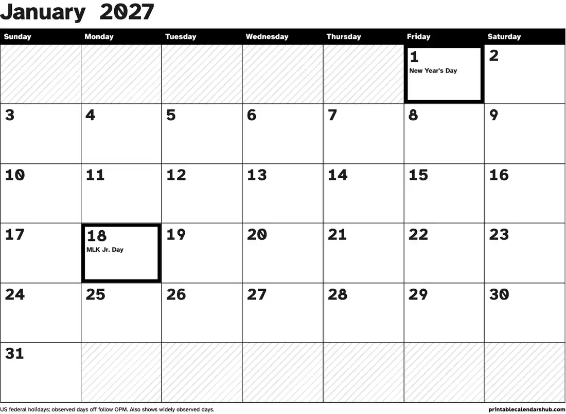 January 2027 calendar, printable with US holidays, Large print, high contrast design, landscape