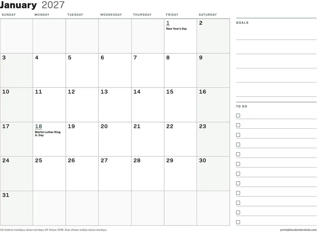 January 2027 calendar, printable with US holidays, Planner with to-do column design, landscape