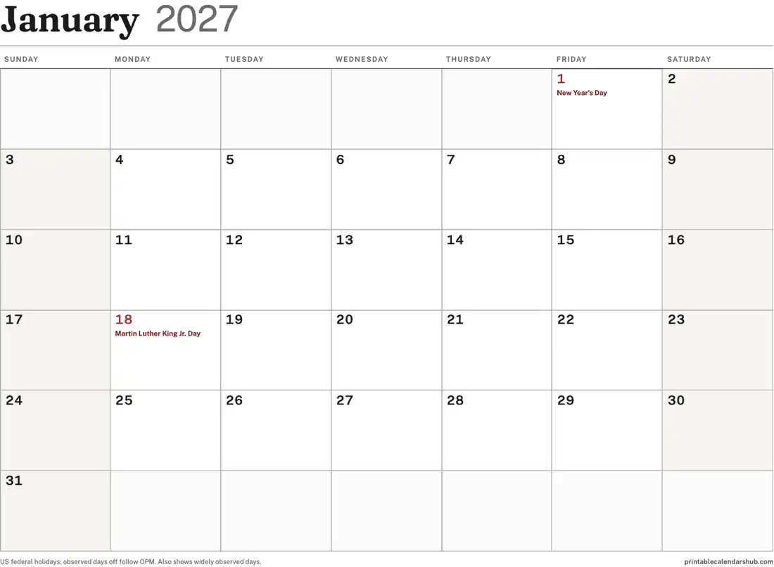January 2027 calendar, printable with US holidays, landscape