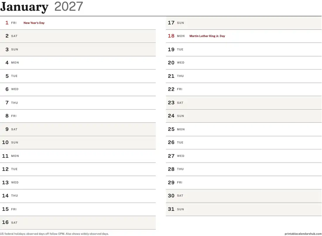 January 2027 vertical calendar, list style, printable