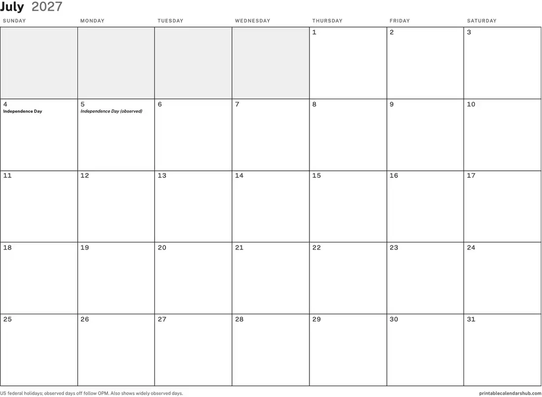 July 2027 calendar, printable with US holidays, Blank design, landscape