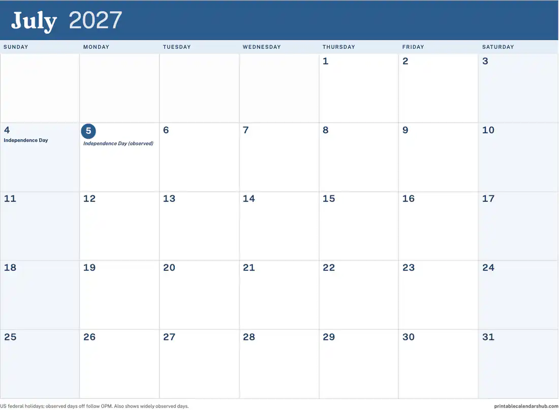 July 2027 calendar, printable with US holidays, Color accent design, landscape